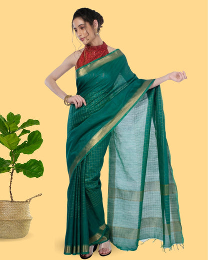 3178-Kota Silk Green color Saree with Running Blouse Zari Border Handcrafted