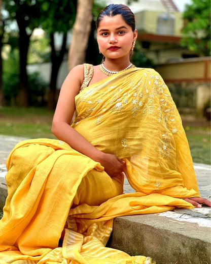 Gleaming Pure Linen Handloom Saree Embroidered Yellow