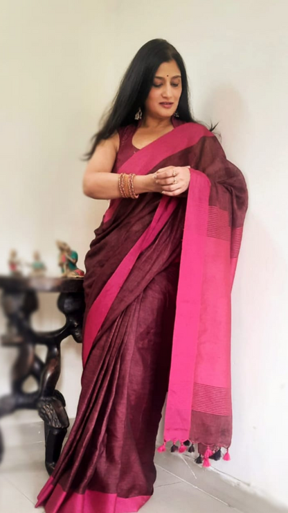 Handwoven Pure Linen Saree Purple Color with Blouse-Indiehaat
