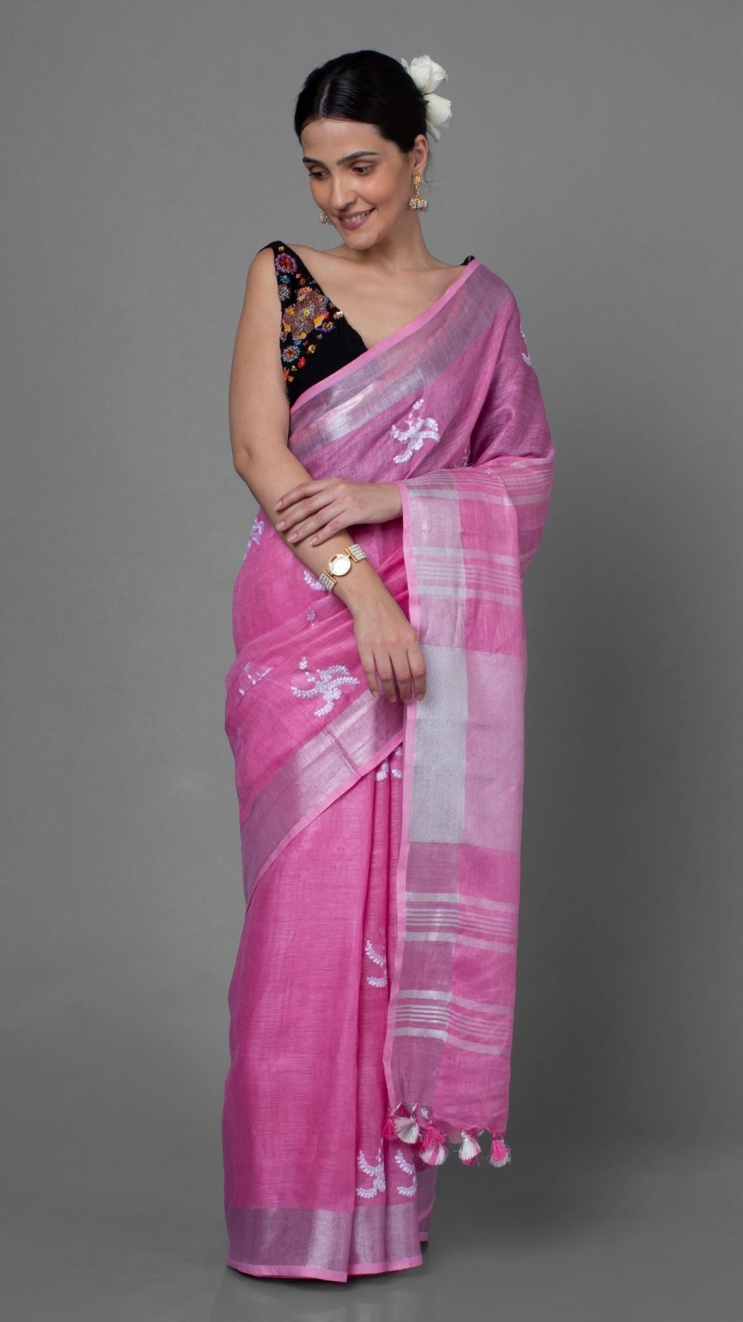 Blissful Pure Linen Embroidered Handloom Pink Saree