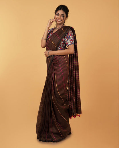 Sophisticated Pure Linen Kantha Work Saree Brown