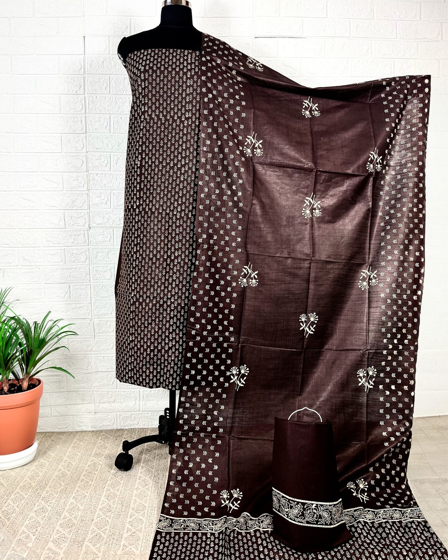 Katan Silk Lustrous Blockprint Brown Suit