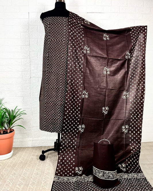 Katan Silk Lustrous Blockprint Brown Suit