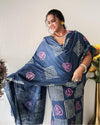 Katan Silk Suit Piece Blue Color with Bottom and Dupatta Floral Handblock Printed-Indiehaat