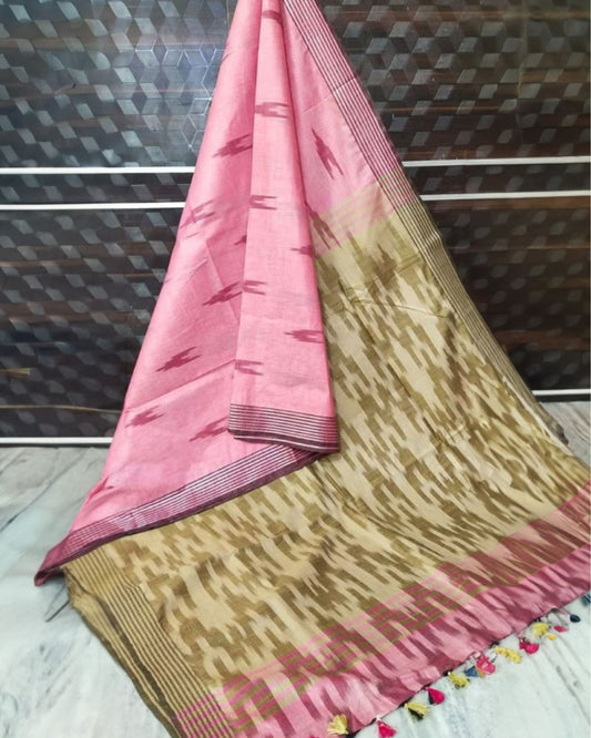 5985-Slub Linen Ikkat work Handloom Pink Saree with Blouse