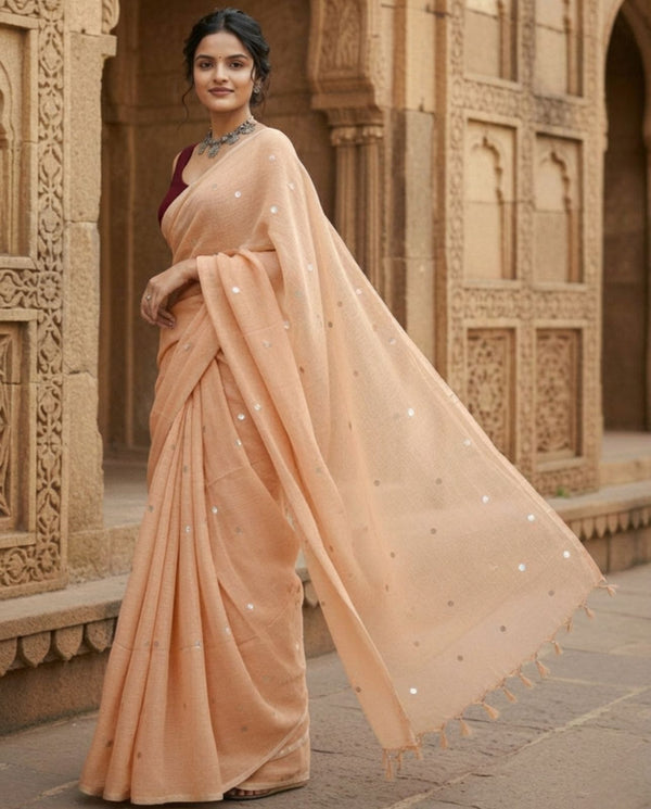 Indiehaat | Pure Mul Cotton Sequin Saree Peach