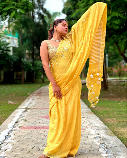 5369-Pure Linen Handloom Saree Hand Embroidered Yellow color with attached Running Blouse