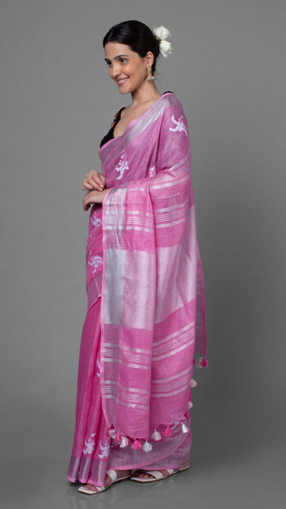 4084-Pure Linen Embroidered Handloom Pink Saree  Saree with Running Blouse Handcrafted
