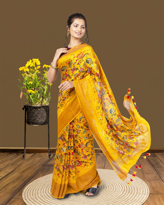 5535-Moonga Tussar Silk Saree Spanish Yellow Color with Digital Print and running blouse