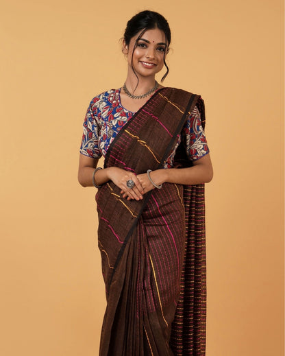 Sophisticated Pure Linen Kantha Work Saree Brown