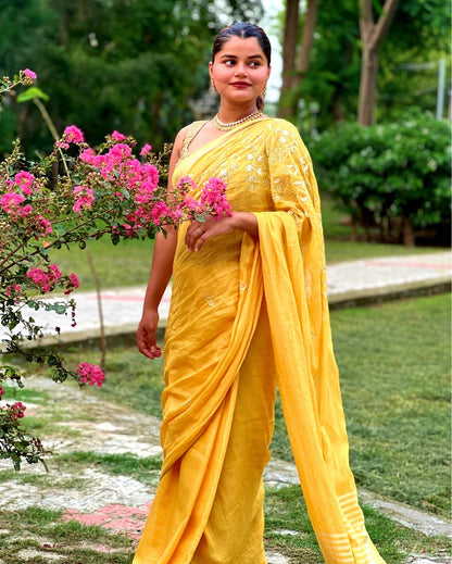 5369-Pure Linen Handloom Saree Hand Embroidered Yellow color with attached Running Blouse