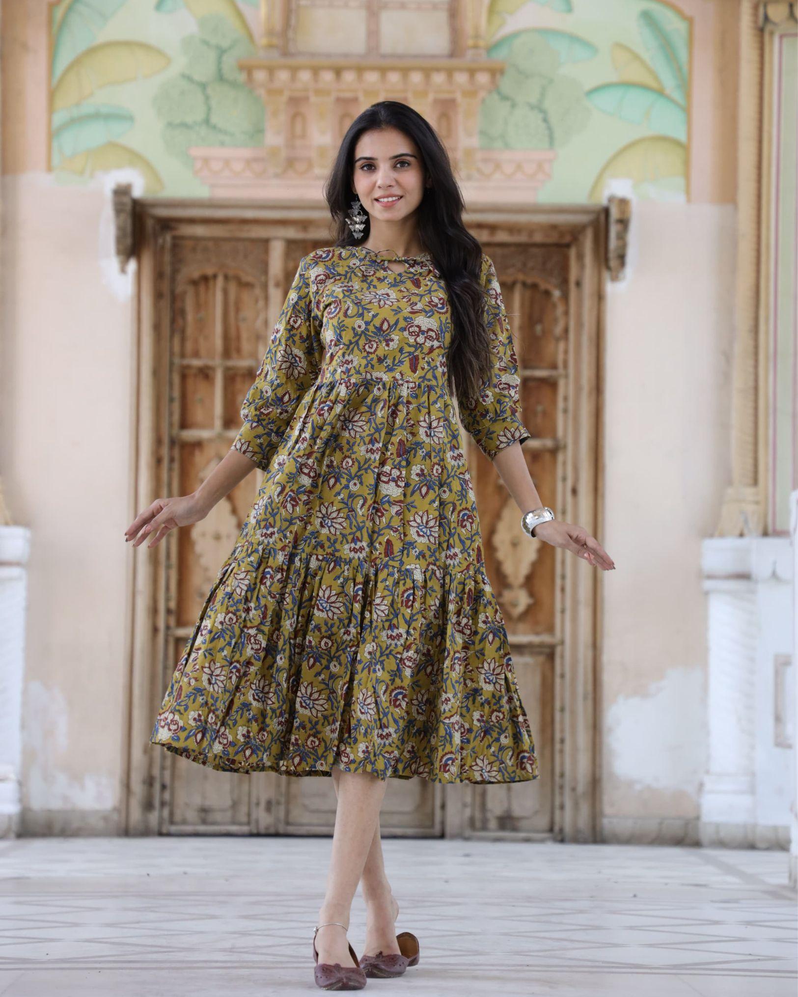 IndieHaat | Cotton One Piece Yellow Frill Dress Handblock Print Ajrakh Dabu Size 38 to 47