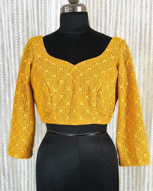 Chiffon Stitched Blouse Yellow With Heavy Chikenkari Embroidery