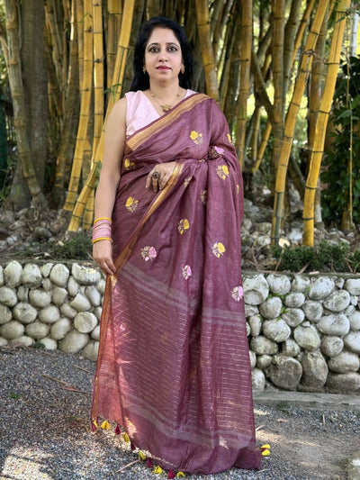 Indiehaat | Silk Linen Embroidery Saree Red