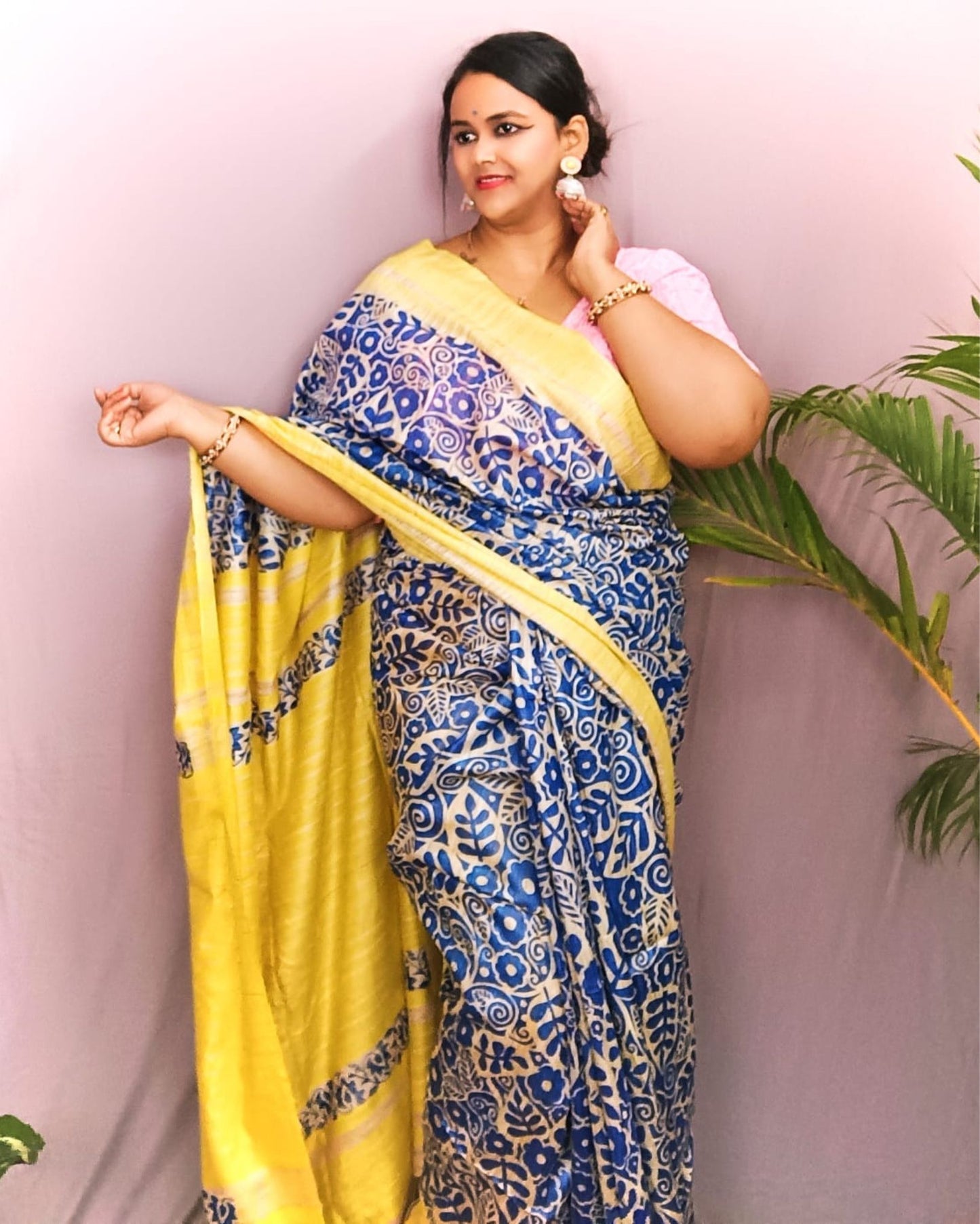 4759-Silkmark Certified Tussar Silk Handloom Handblock Printed Blue and Yellow Saree with Blouse