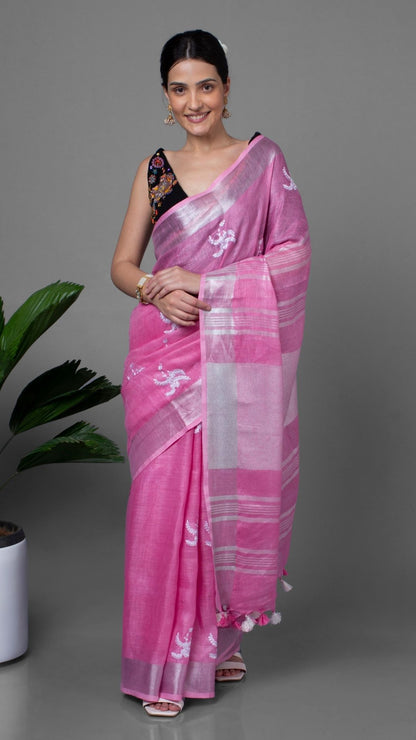 Blissful Pure Linen Embroidered Handloom Pink Saree