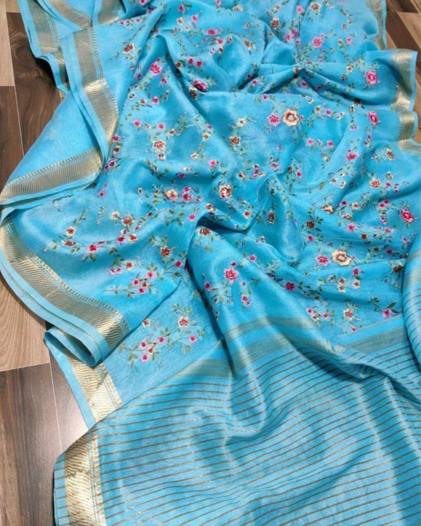 9437-Silk Linen Embroidered Handloom Light Blue Saree with Running Blouse
