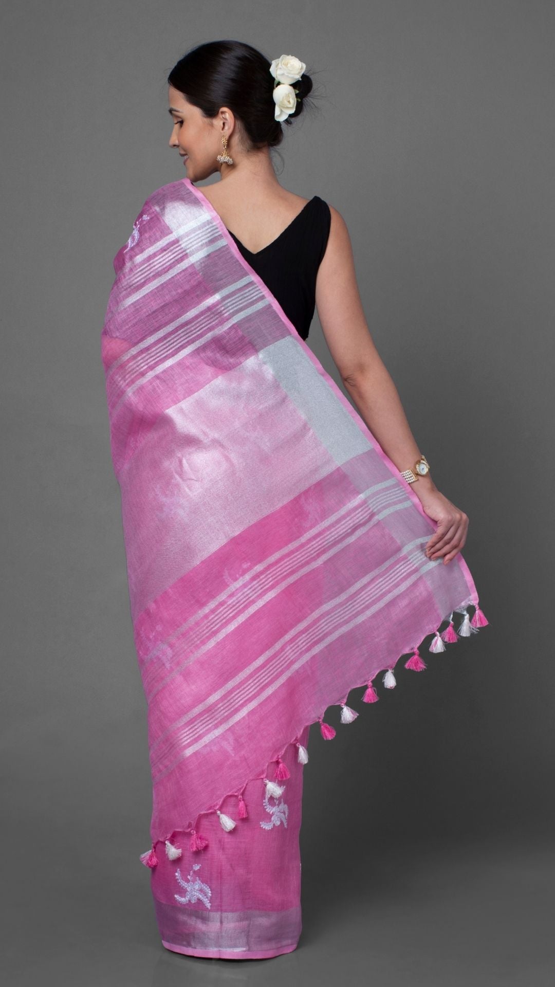 4084-Pure Linen Embroidered Handloom Pink Saree  Saree with Running Blouse Handcrafted