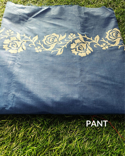 Katan Silk Floral Blockprint Blue Suit