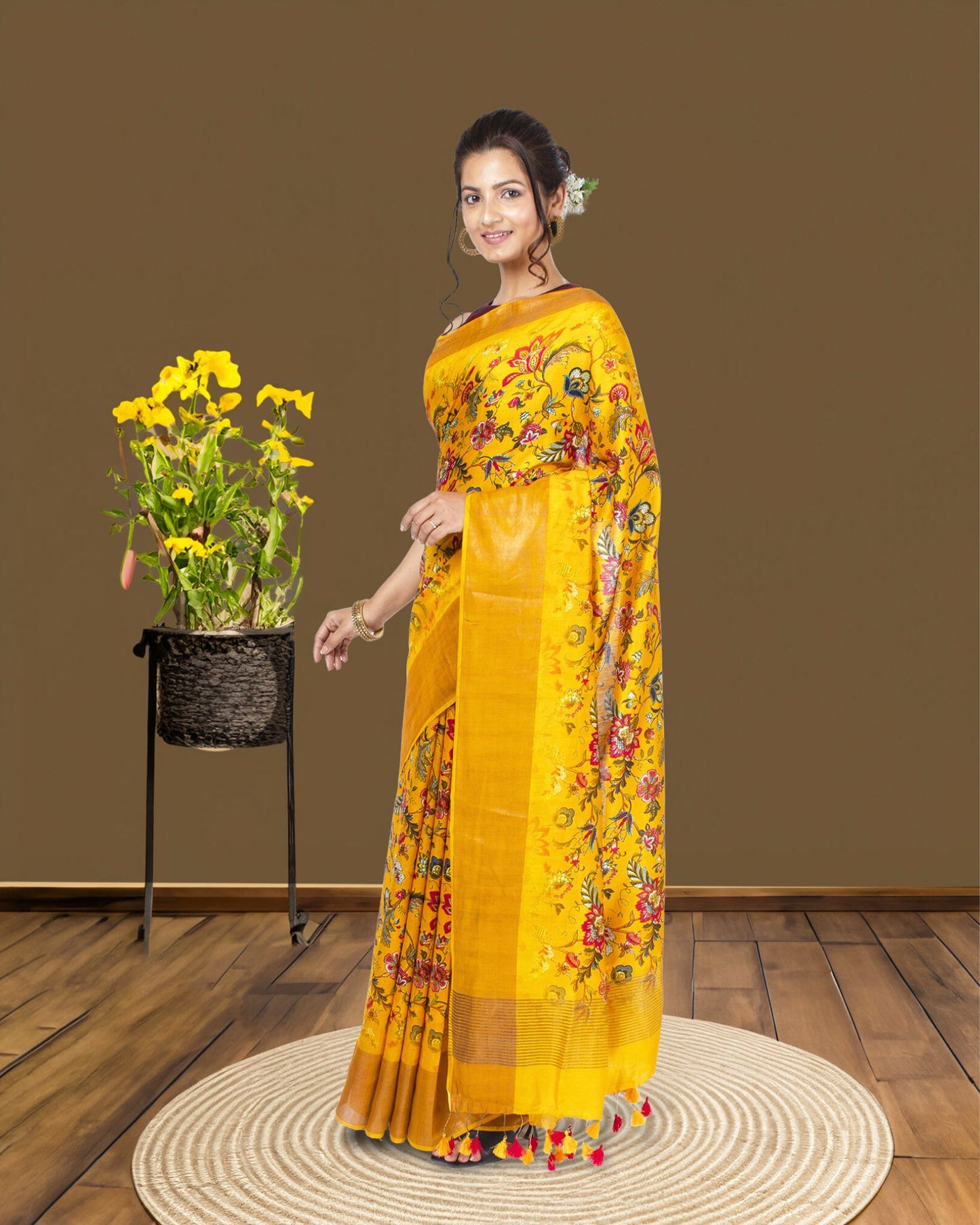 Silkmark Certified Muga Tussar Silk Printed Yellow Saree
