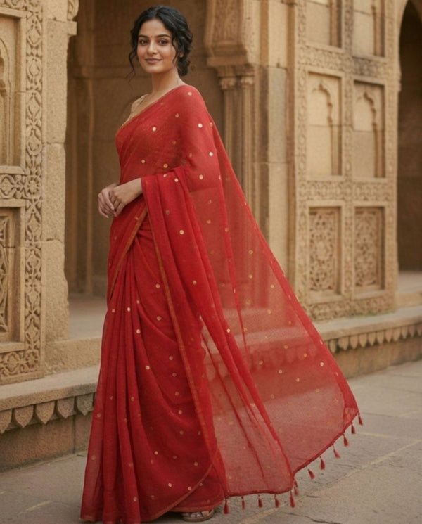 Indiehaat | Pure Mul Cotton Sequin Saree Red