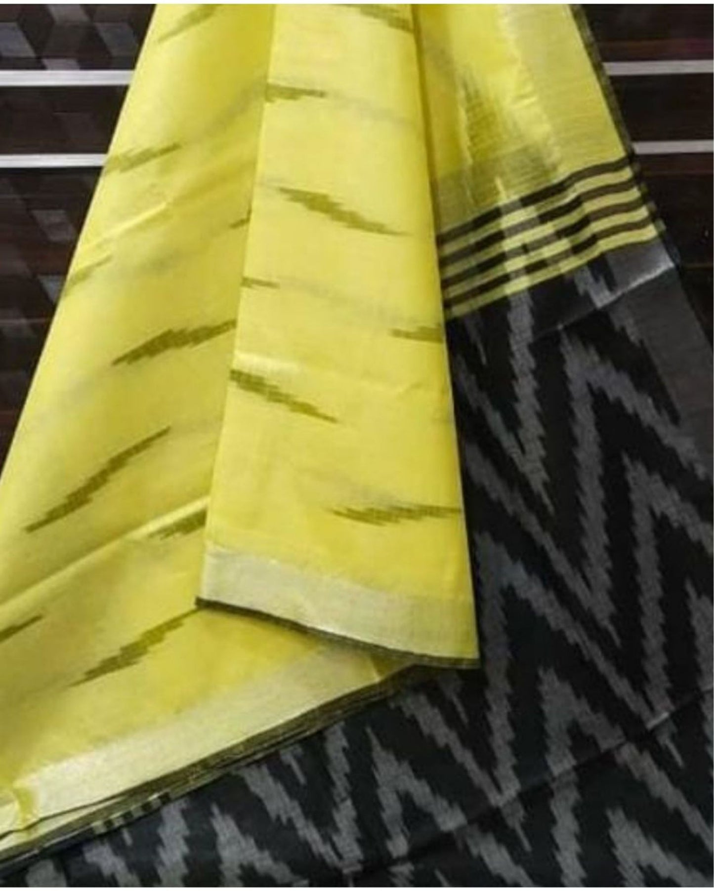 1059-Slub Linen Ikkat work Handloom Yellow Saree with Blouse