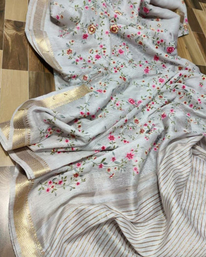 Impressive Silk Linen Embroidered Handloom Grey Saree