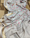 Impressive Silk Linen Embroidered Handloom Gray Saree