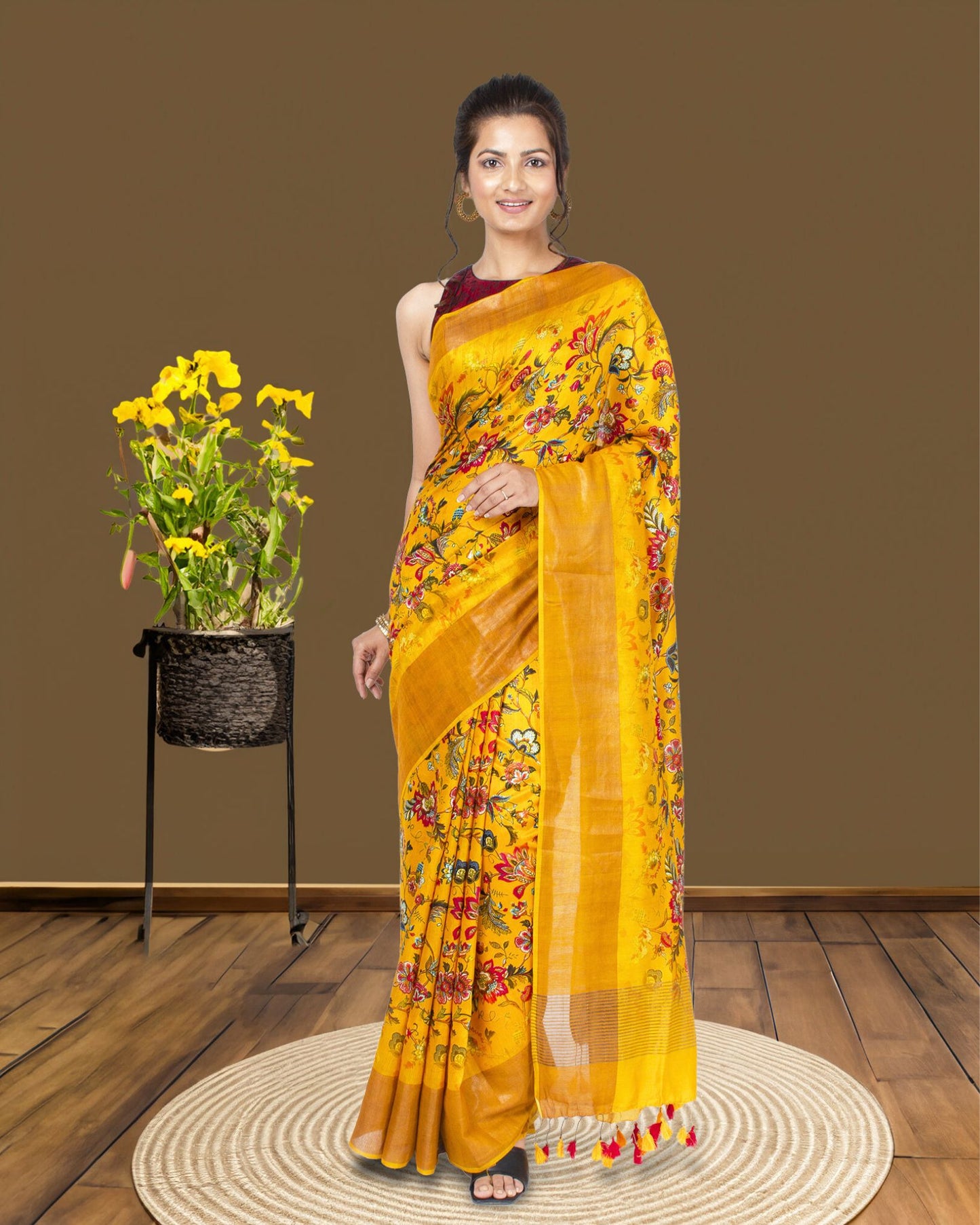 Silkmark Muga Tussar Silk Printed Yellow Saree