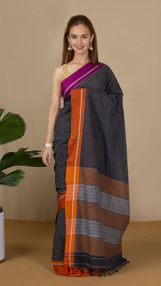 2986-Patteda Anchu Handloom Mark Certified Pure Cotton Saree Onyx Grey Color with Running Blouse