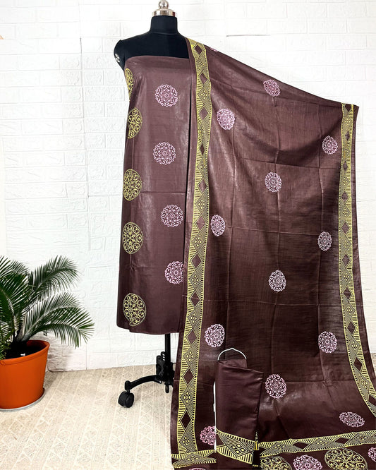 7984-Katan Silk Printed Suit Piece Brown Color with Bottom and Dupatta Handcrafted