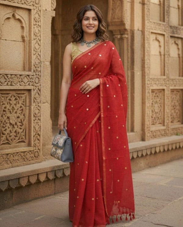 Indiehaat | Pure Mul Cotton Sequin Saree Red