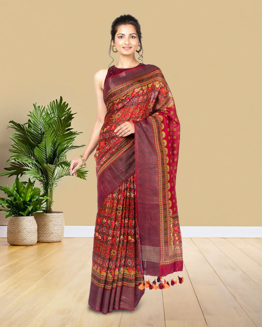 4679-Moonga Tussar Silk Saree Brick Red Color with Digital Print and running blouse