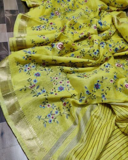 Enchanting Silk Linen Embroidered Handloom Yellow Saree