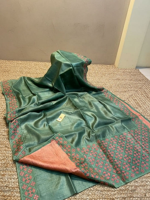 Indiehaat | Silkmark Tussar Silk Embroidery Saree Green