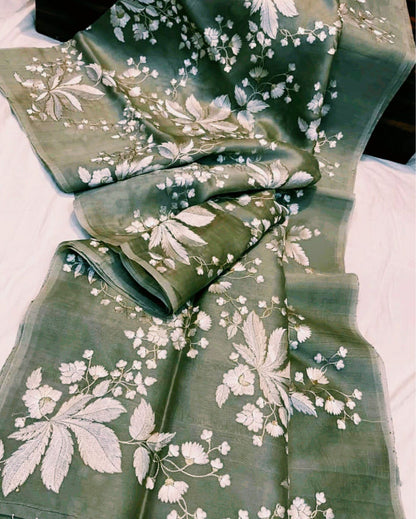 5930-Organza Pure Green colour Silk Saree Digital Embroidered with running blouse