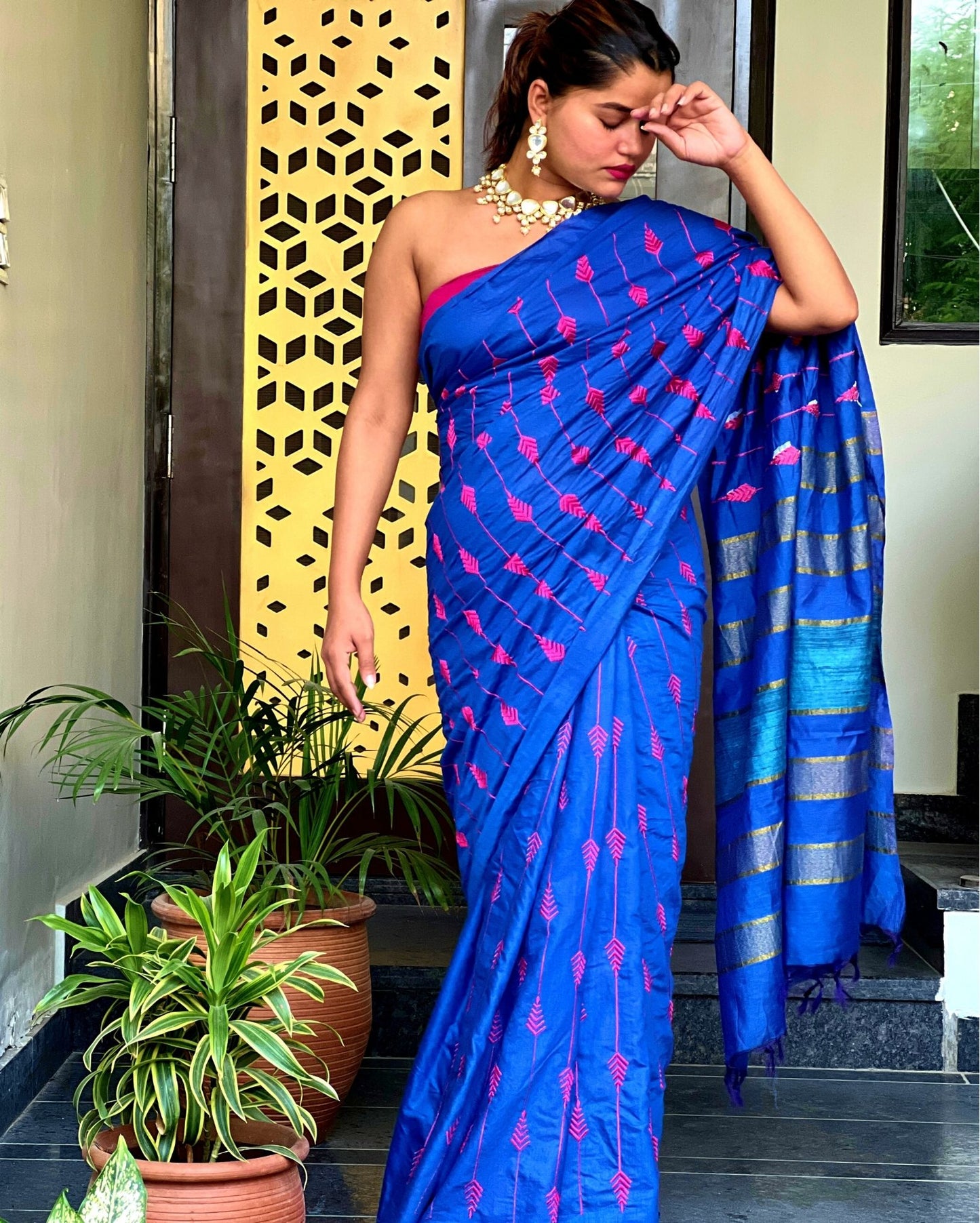 4474-Silkmark Certified Eri Silk Embroidered Blue Saree with Blouse