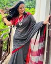 Patteda Anchu Handloom Mark Certified Pure Cotton Black Saree with Running Blouse-Indiehaat