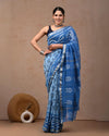 Indiehaat | Maheshwari Silk Saree Baby Blue Color Bagru Handblock Printed with Running Blouse (Silk by Silk)