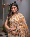 Indiehaat | Mul Cotton Printed Saree Orange & White