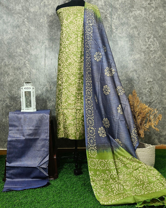 Indiehaat | Khadi Silk Olive Green Suit Batik Print Bandhini Dupatta Ajrakh Dabu