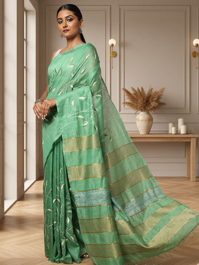 Alluring Eri Tussar Silk Embroidered Green Saree