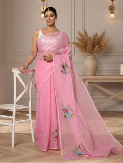 Bold Kota Doria Cotton Bird Embroidery Pink Saree Handdyed