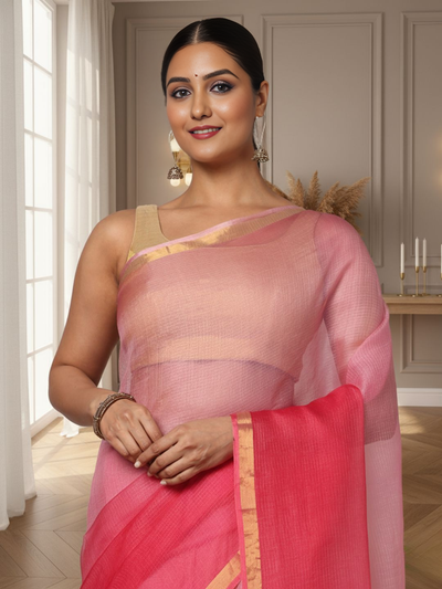 Deep Blush Pink Pure Silk Kota Doria Handdyed Saree