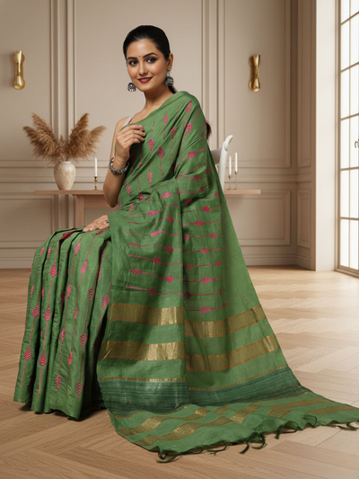 Timeless Eri Tussar Silk Embroidered Green Saree