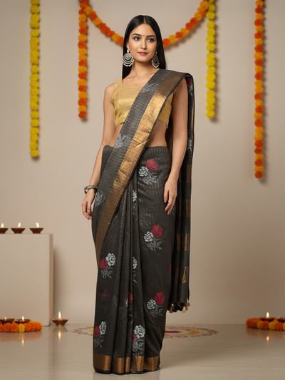 Striped Katan Silk Saree Marlin Blue Handcrafted