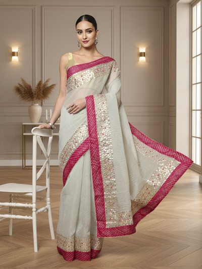 Pankhudi Jugnu Checks Gota Patti Pale White Saree