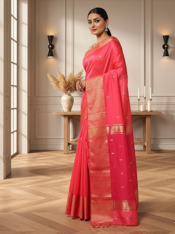 Glossy Maheshwari Silk Pure Handloom Saree Red