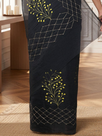 Elegant Kota Doria Cotton Bel Embroidery Blue Saree Handdyed