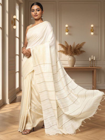 Poised Silkmark Certified Chanderi Silk Saree Cream
